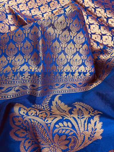 Royal Blue Banarasi Designer saree in banarasi silk with muted gold zari with floral motifs & designer border — Kaash Collection