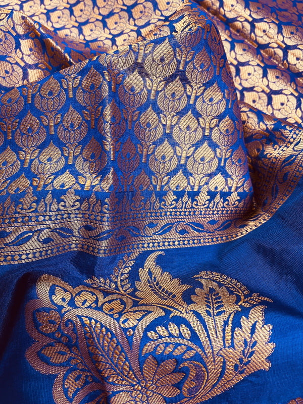 Statement Designer Royal Blue Saree with Muted Gold Zari Weaving Work Handmade Banarasi Silk Saree with complementing Brocade Blouse - Kaash