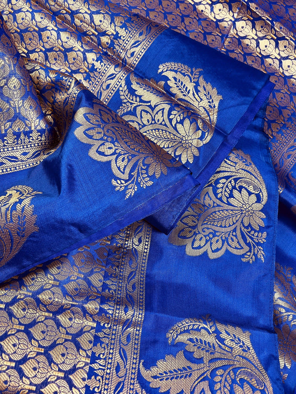 Statement Designer Royal Blue Saree with Muted Gold Zari Weaving Work Handmade Banarasi Silk Saree with complementing Brocade Blouse - Kaash