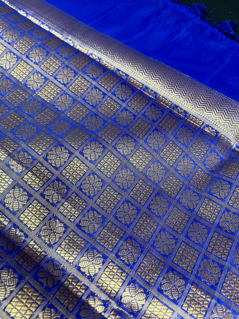Statement Designer Royal Blue Saree with Muted Gold Zari Weaving Work Handmade Banarasi Silk Saree with complementing Brocade Blouse - Kaash