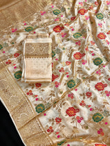 Gold Banarasi saree in pure banarasi satin with handwoven floral meenakari jaal — Kaash Collection