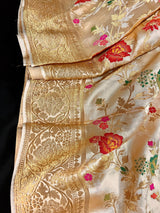 Gold Banarasi saree in pure banarasi satin with handwoven floral meenakari jaal — Kaash Collection