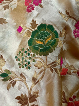 Gold Banarasi saree in pure banarasi satin with handwoven floral meenakari jaal — Kaash Collection