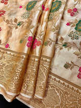 Gold Banarasi saree in pure banarasi satin with handwoven floral meenakari jaal — Kaash Collection