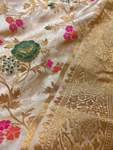 Gold Banarasi saree in pure banarasi satin with handwoven floral meenakari jaal — Kaash Collection