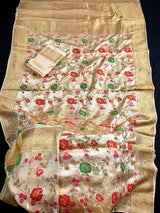 Gold Banarasi saree in pure banarasi satin with handwoven floral meenakari jaal — Kaash Collection