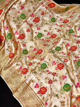 Gold Banarasi saree in pure banarasi satin with handwoven floral meenakari jaal — Kaash Collection