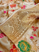 Gold Banarasi saree in pure banarasi satin with handwoven floral meenakari jaal — Kaash Collection