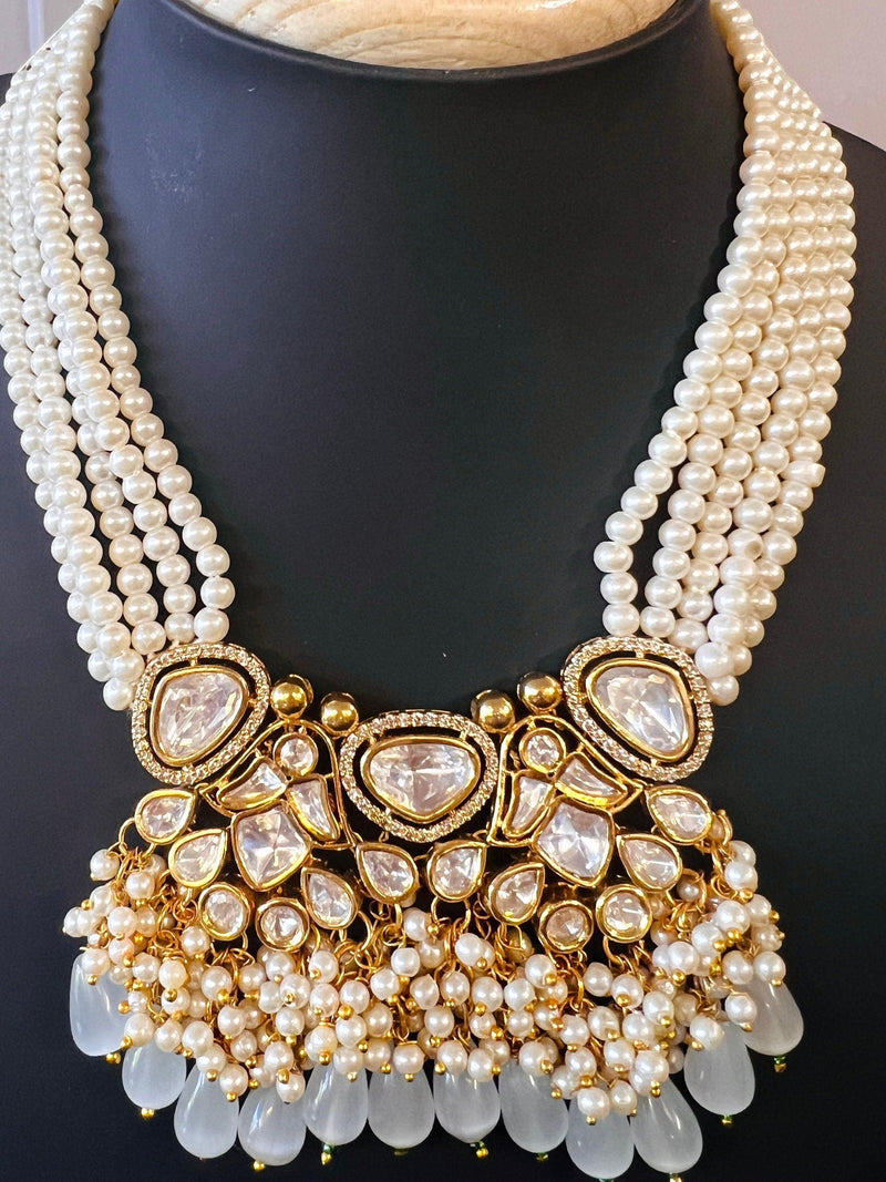 Statement Handmade Necklace in Tayani Kundan with Grey Color Monalisa Beads | Kundan Jewelry | Bollywood Style Wedding Party Jewelry - Kaash