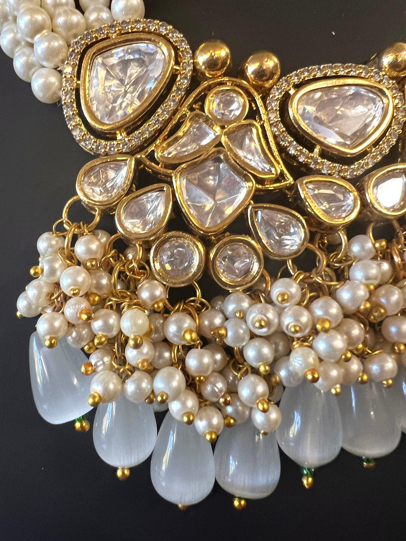 Statement Handmade Necklace in Tayani Kundan with Grey Color Monalisa Beads | Kundan Jewelry | Bollywood Style Wedding Party Jewelry - Kaash