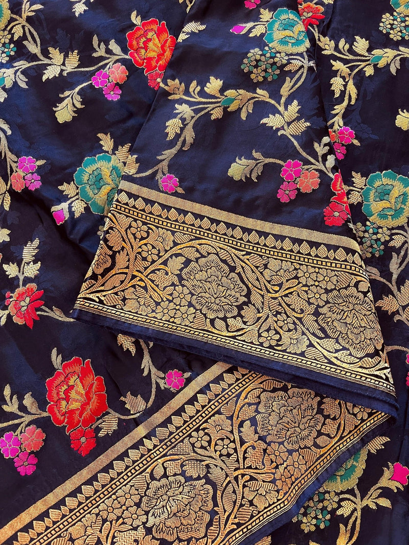 Midnight Blue Pure Satin Silk Tanchoi saree in pure satin silk with handwoven tanchoi with floral meenakari jaal — Kaash Collection
