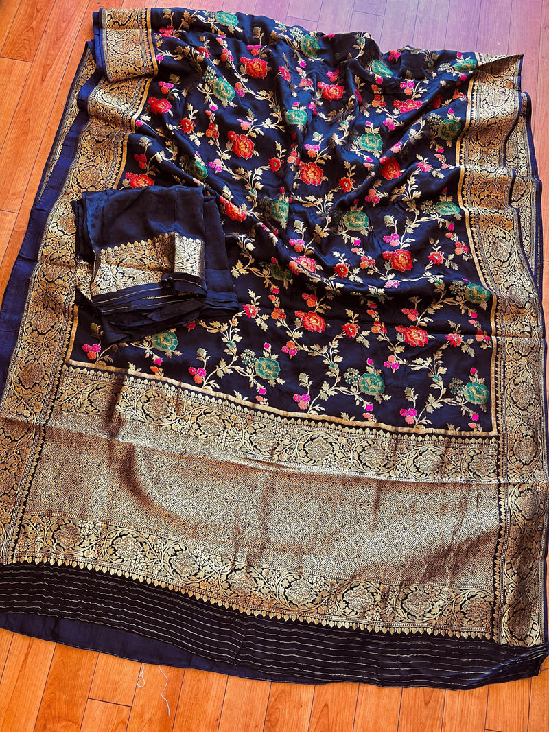 Statement Midnight Blue Color Pure Satin Silk Saree with Handwoven Floral Meenakari Floral Jaal Weave | Silk Mark Certified - Kaash