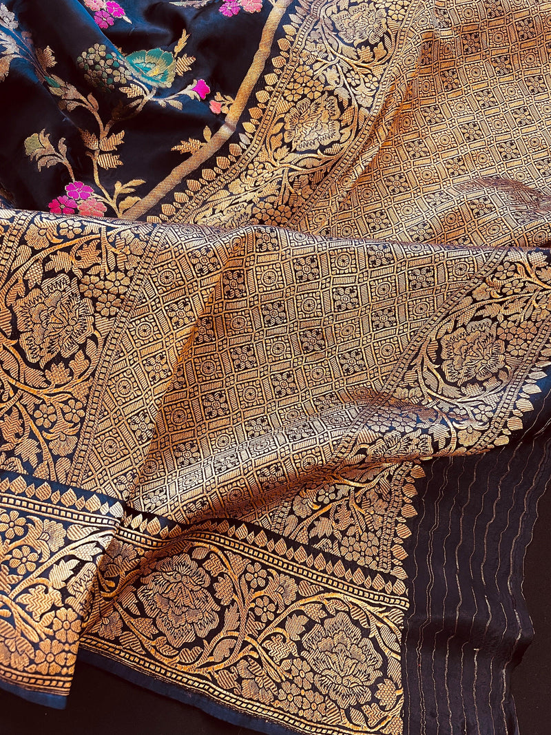 Statement Midnight Blue Color Pure Satin Silk Saree with Handwoven Floral Meenakari Floral Jaal Weave | Silk Mark Certified - Kaash