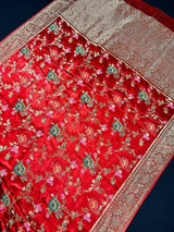 Statement Red Color Pure Satin Silk Saree with Handwoven Floral Meenakari Floral Jaal Weave | SILK MARK CERTIFIED - Kaash