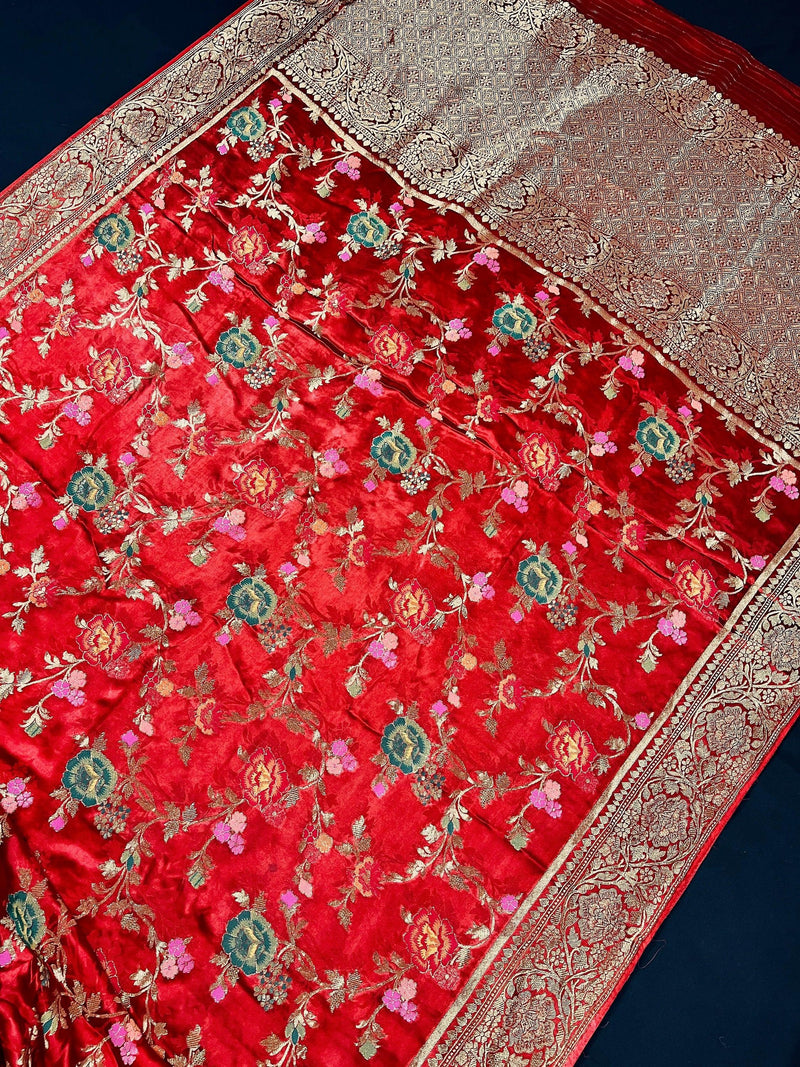 Statement Red Color Pure Satin Silk Saree with Handwoven Floral Meenakari Floral Jaal Weave | SILK MARK CERTIFIED - Kaash