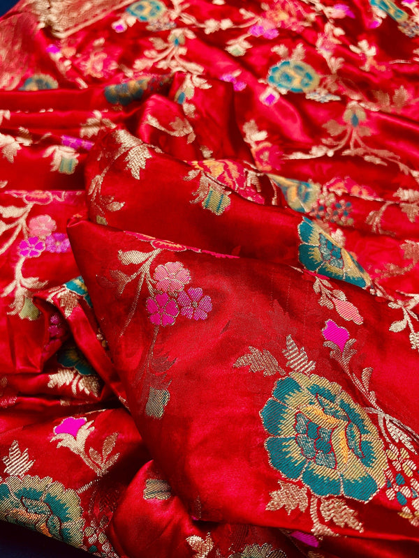 Statement Red Color Pure Satin Silk Saree with Handwoven Floral Meenakari Floral Jaal Weave | SILK MARK CERTIFIED - Kaash