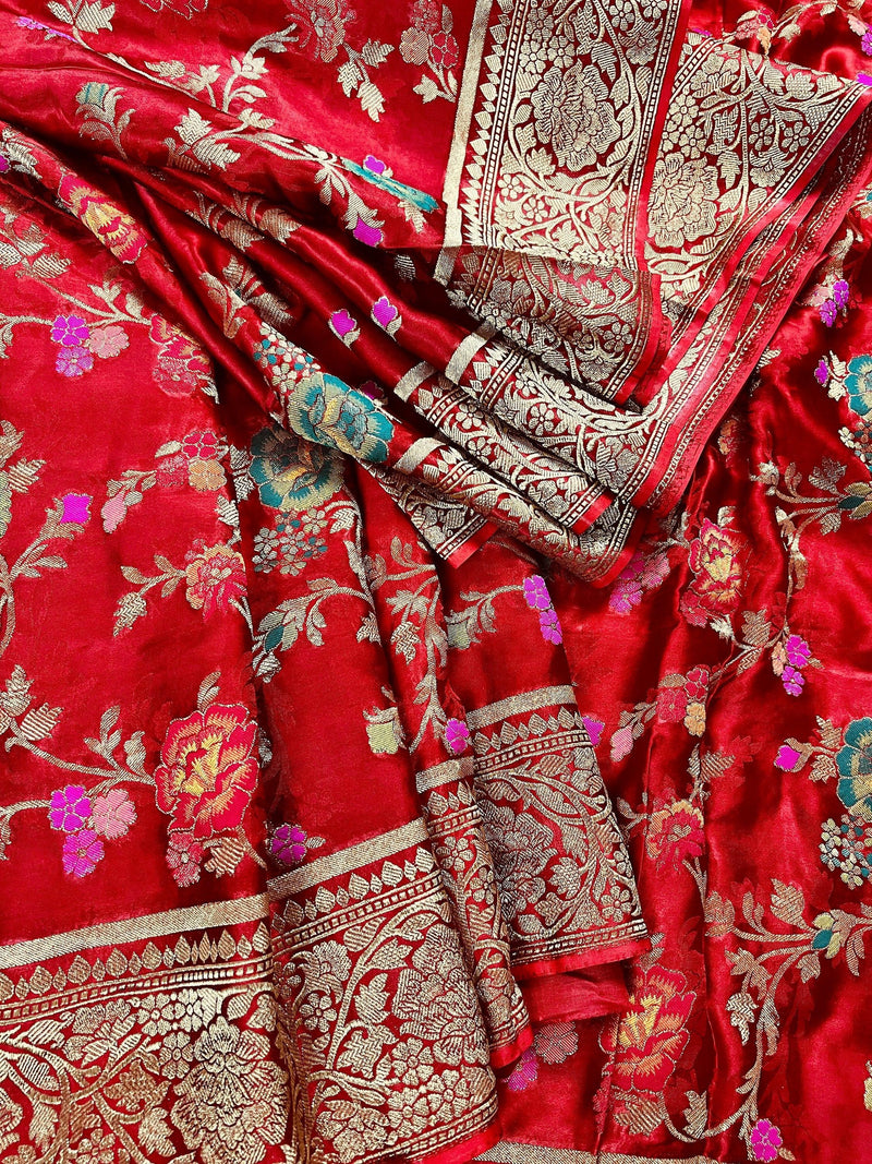 Statement Red Color Pure Satin Silk Saree with Handwoven Floral Meenakari Floral Jaal Weave | SILK MARK CERTIFIED - Kaash