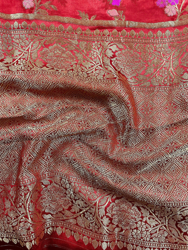 Statement Red Color Pure Satin Silk Saree with Handwoven Floral Meenakari Floral Jaal Weave | SILK MARK CERTIFIED - Kaash