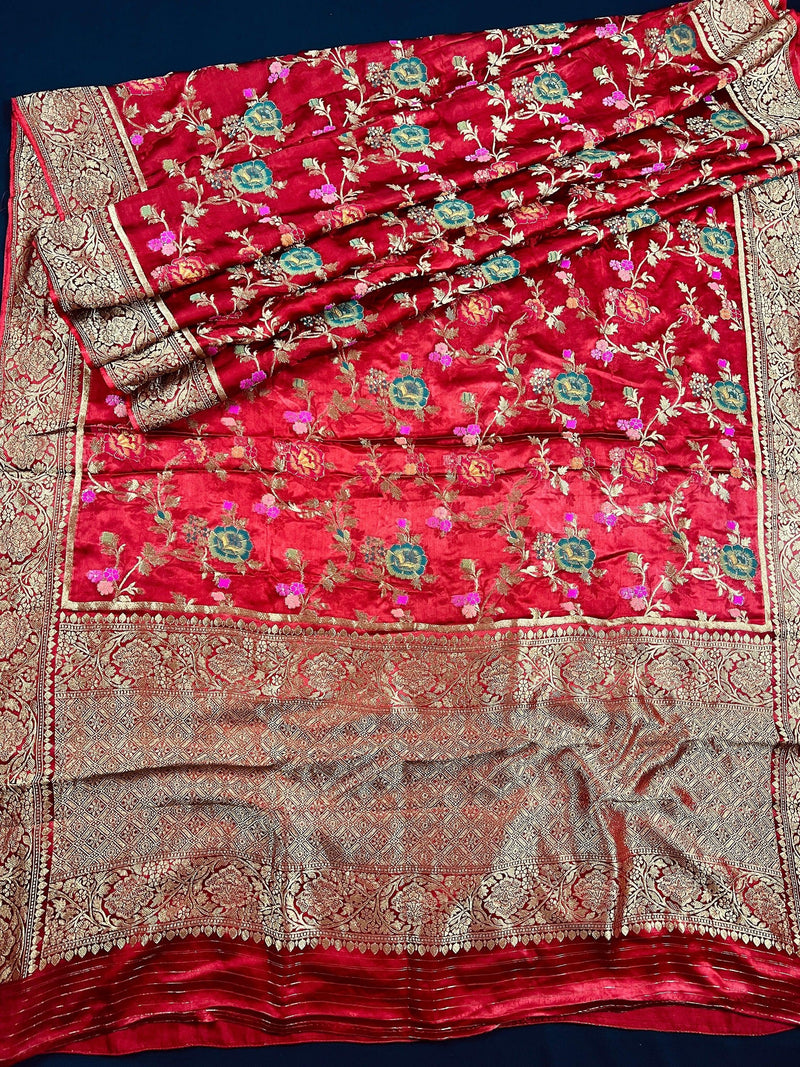 Statement Red Color Pure Satin Silk Saree with Handwoven Floral Meenakari Floral Jaal Weave | SILK MARK CERTIFIED - Kaash