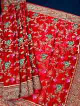 Statement Red Color Pure Satin Silk Saree with Handwoven Floral Meenakari Floral Jaal Weave | SILK MARK CERTIFIED - Kaash