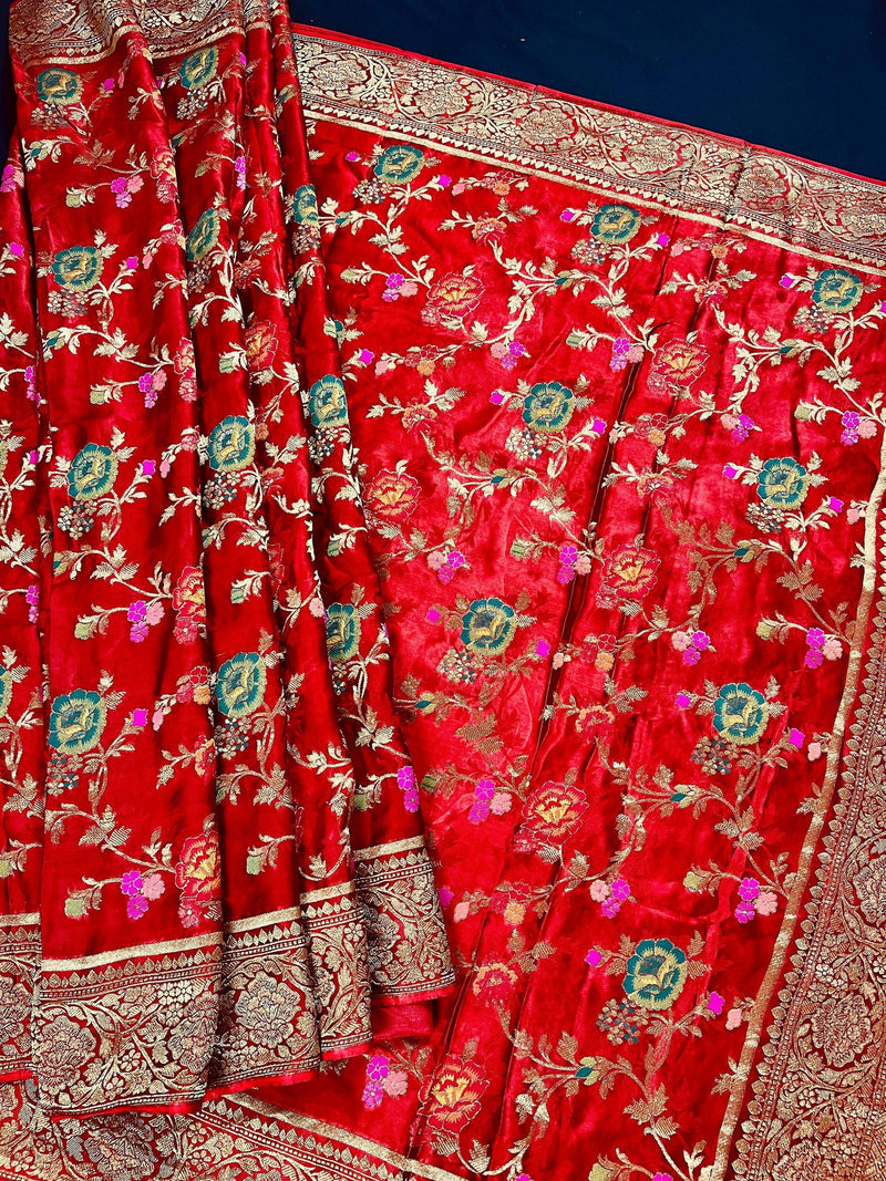 Statement Red Color Pure Satin Silk Saree with Handwoven Floral Meenakari Floral Jaal Weave | SILK MARK CERTIFIED - Kaash
