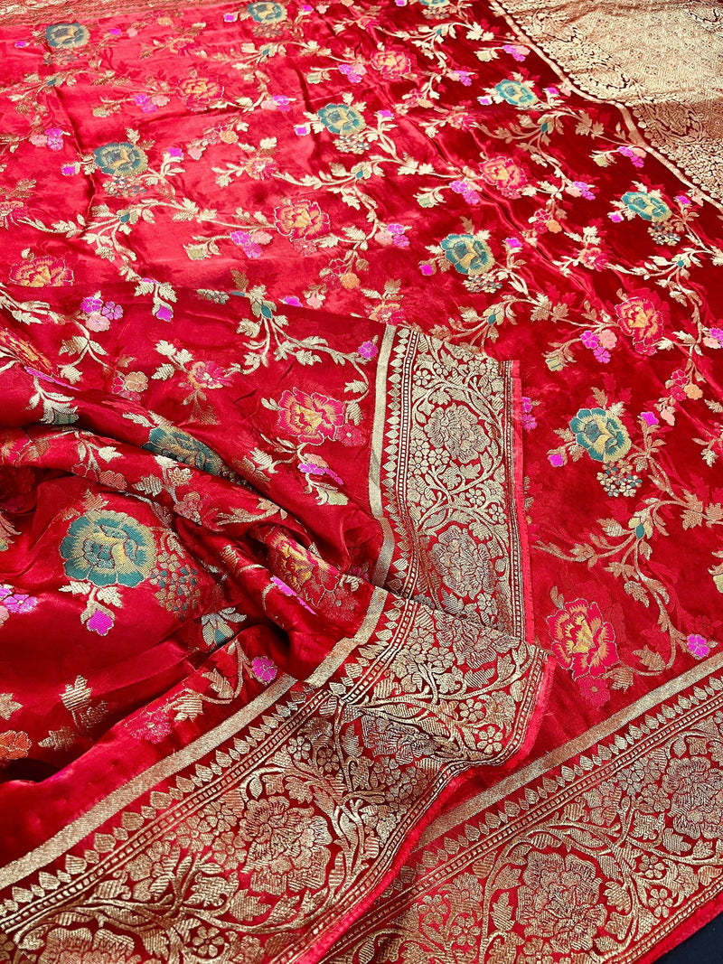 Statement Red Color Pure Satin Silk Saree with Handwoven Floral Meenakari Floral Jaal Weave | SILK MARK CERTIFIED - Kaash