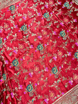 Statement Red Color Pure Satin Silk Saree with Handwoven Floral Meenakari Floral Jaal Weave | SILK MARK CERTIFIED - Kaash