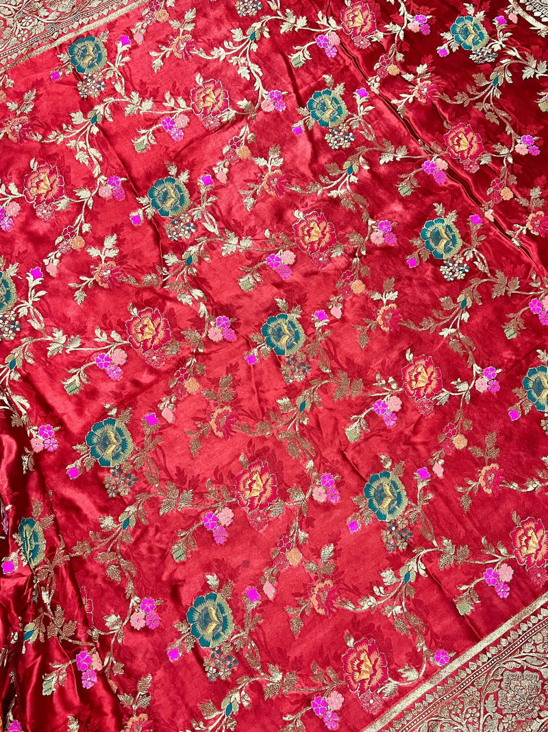 Statement Red Color Pure Satin Silk Saree with Handwoven Floral Meenakari Floral Jaal Weave | SILK MARK CERTIFIED - Kaash