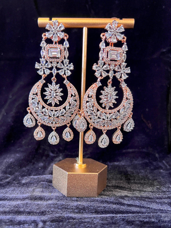Statement Rose Gold Chandbali Style Premium Quality American Diamond Earrings | Indian Jewelry | AD Earrings | Long Earrings | Light Weight - Kaash
