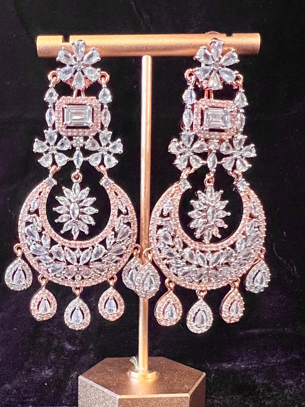 Statement Rose Gold Chandbali Style Premium Quality American Diamond Earrings | Indian Jewelry | AD Earrings | Long Earrings | Light Weight - Kaash