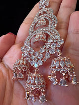 Statement Rose Gold Long and Premium Quality American Diamond Earrings with small Jumkis - Kaash