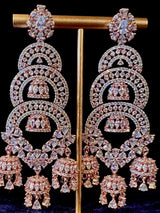 Statement Rose Gold Long and Premium Quality American Diamond Earrings with small Jumkis - Kaash