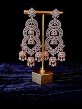 Statement Rose Gold Long and Premium Quality American Diamond Earrings with small Jumkis - Kaash