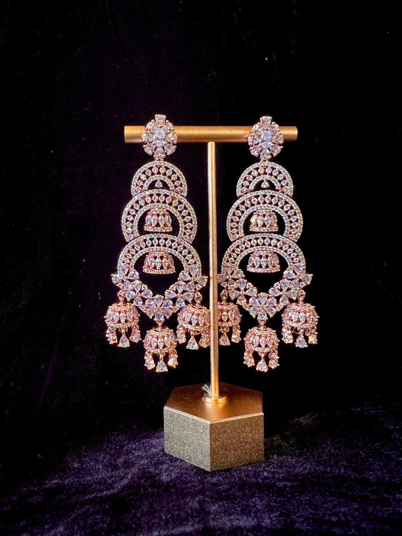Statement Rose Gold Long and Premium Quality American Diamond Earrings with small Jumkis - Kaash