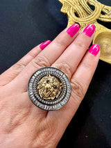 Statement Sabyasachi Inspired Adjustable Ring with Lion face in Black Metal - Kaash