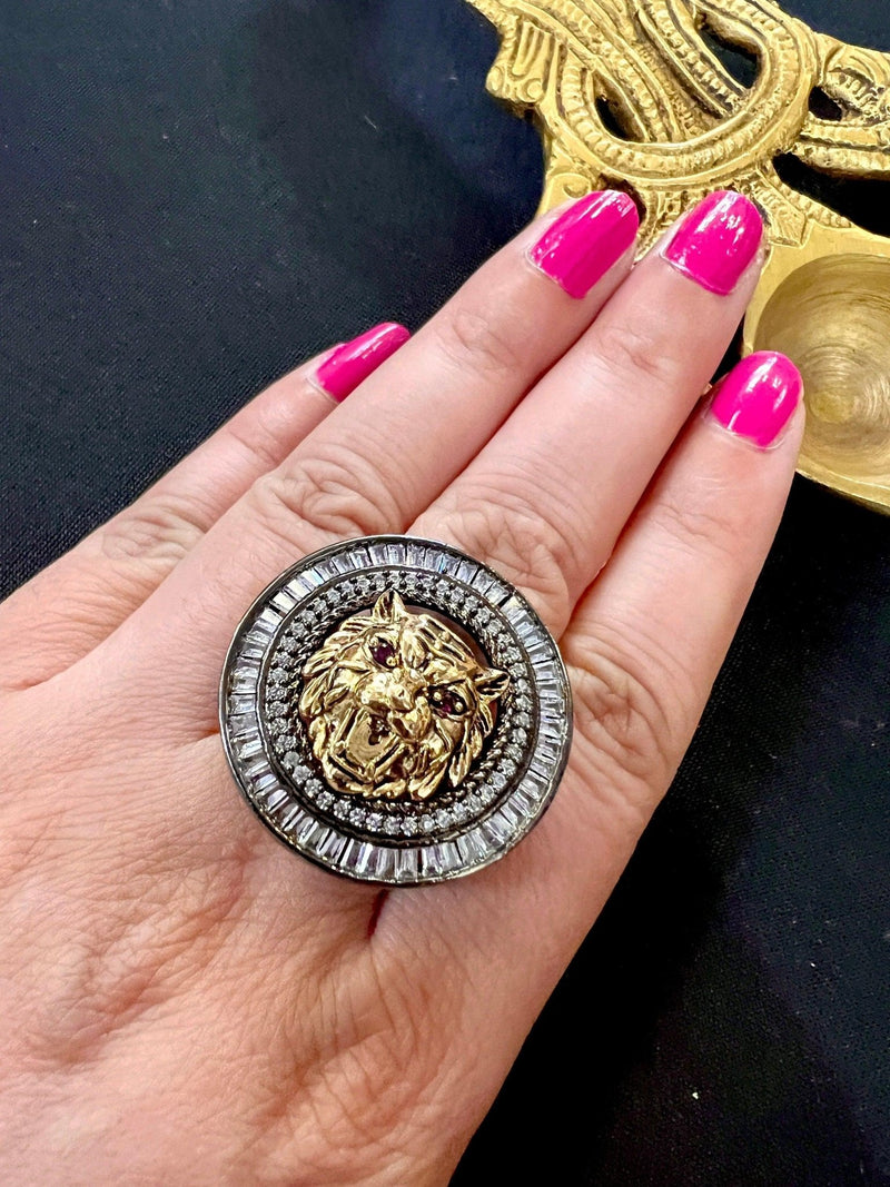 Statement Sabyasachi Inspired Adjustable Ring with Lion face in Black Metal - Kaash