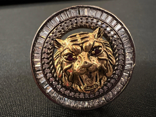 Statement Sabyasachi Inspired Adjustable Ring with Lion face in Black Metal | Adjustable Rings for Women | Victorian Style Jewelry - Kaash