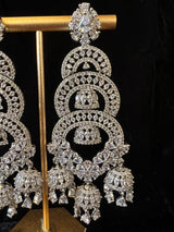 Statement Sliver Color Long and Premium Quality American Diamond Earrings with small Jumkis - Kaash