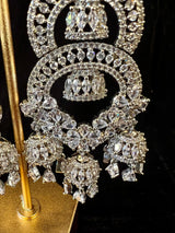 Statement Sliver Color Long and Premium Quality American Diamond Earrings with small Jumkis - Kaash