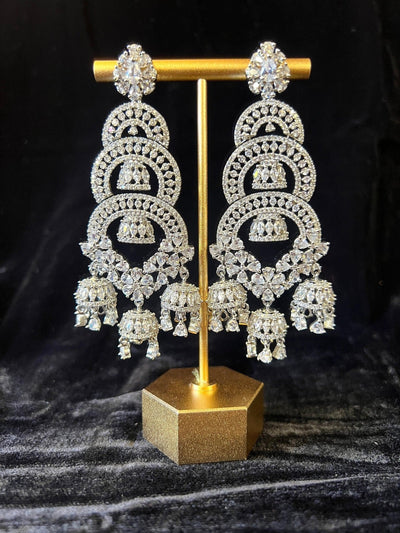 Statement Sliver Color Long and Premium Quality American Diamond Earrings with small Jumkis - Kaash