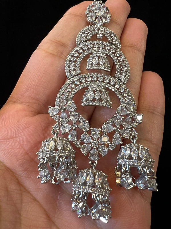 Statement Sliver Color Long and Premium Quality American Diamond Earrings with small Jumkis | Indian Jewelry | AD Earrings | Long Earrings - Kaash