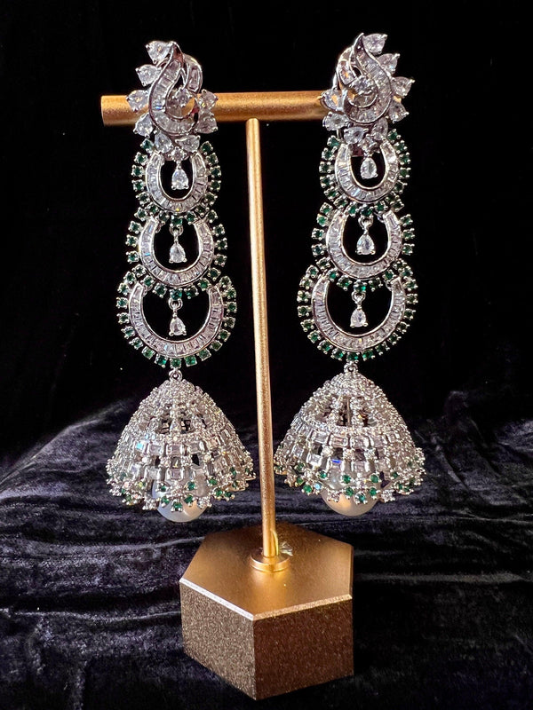 Statement Sliver Color Long and Premium Quality American Diamond Jumka Style Earrings with Pearl | Indian Jewelry | | Long Earrings - Kaash