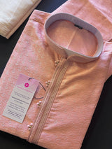 Tea Pink men's kurta pajama in silk (non-pure) with self-design weave with embroidered pattern — Kaash Collection