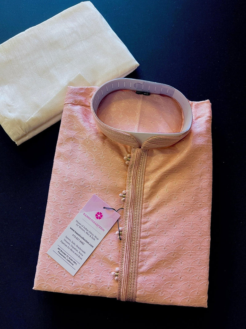 Tea Pink men's kurta pajama in silk (non-pure) with self-design weave with embroidered pattern — Kaash Collection