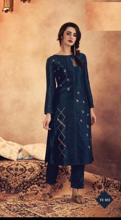 Teal Blue Raw Silk Kameez with Pants - Kaash