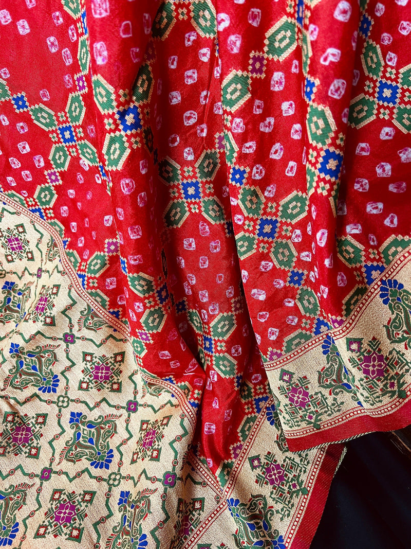 Tomato Red Banarasi Dupion Silk Bandhej Bandhani Saree | Minakari Work | Muted Zari Weave | Authentic Bandhej Saree | Saree Store - Kaash