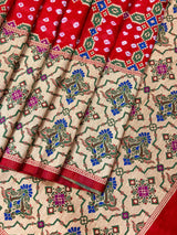 Tomato Red Banarasi Dupion Silk Bandhej Bandhani Saree | Minakari Work | Muted Zari Weave | Authentic Bandhej Saree | Saree Store - Kaash