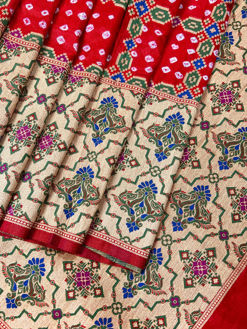 Tomato Red Banarasi Dupion Silk Bandhej Bandhani Saree | Minakari Work | Muted Zari Weave | Authentic Bandhej Saree | Saree Store - Kaash