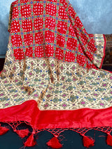 Tomato Red Banarasi Dupion Silk Bandhej Bandhani Saree | Minakari Work | Muted Zari Weave | Authentic Bandhej Saree | Saree Store - Kaash