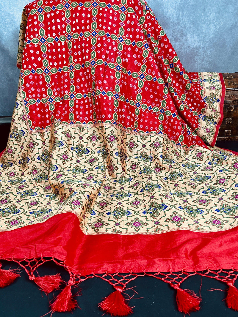 Tomato Red Banarasi Dupion Silk Bandhej Bandhani Saree | Minakari Work | Muted Zari Weave | Authentic Bandhej Saree | Saree Store - Kaash